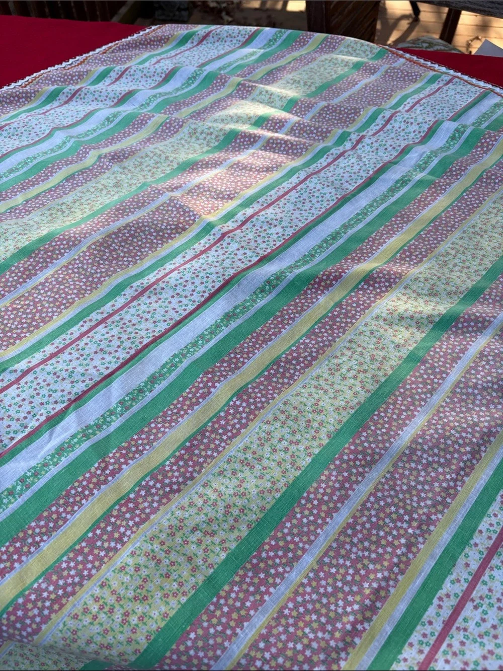 Striped Floral Tablecloth in Green and Pink - Unbranded